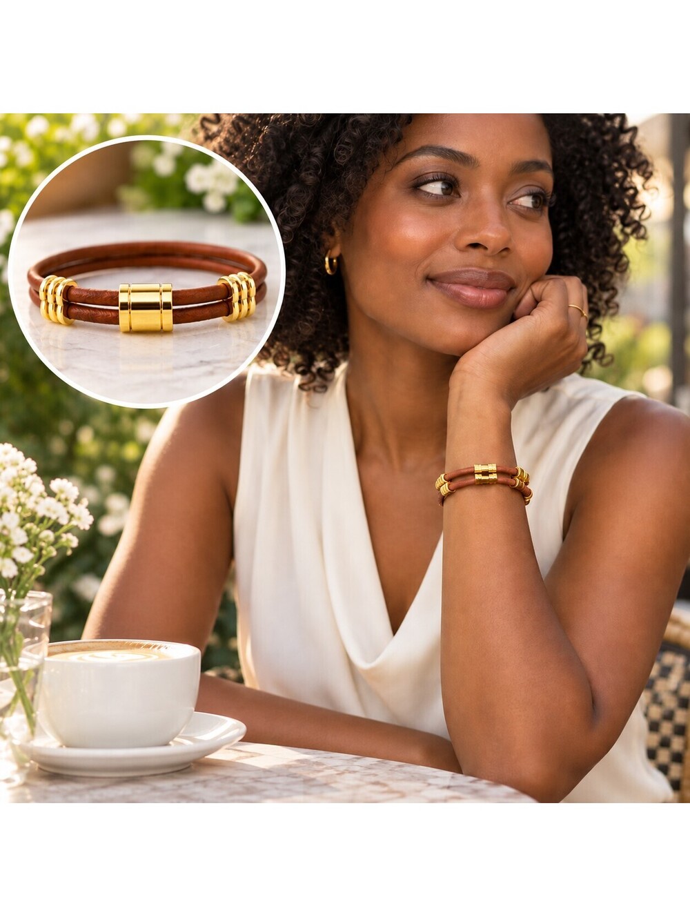 Cognac Brown Double-Wrap Bracelet with Gold-Tone Bow Accents